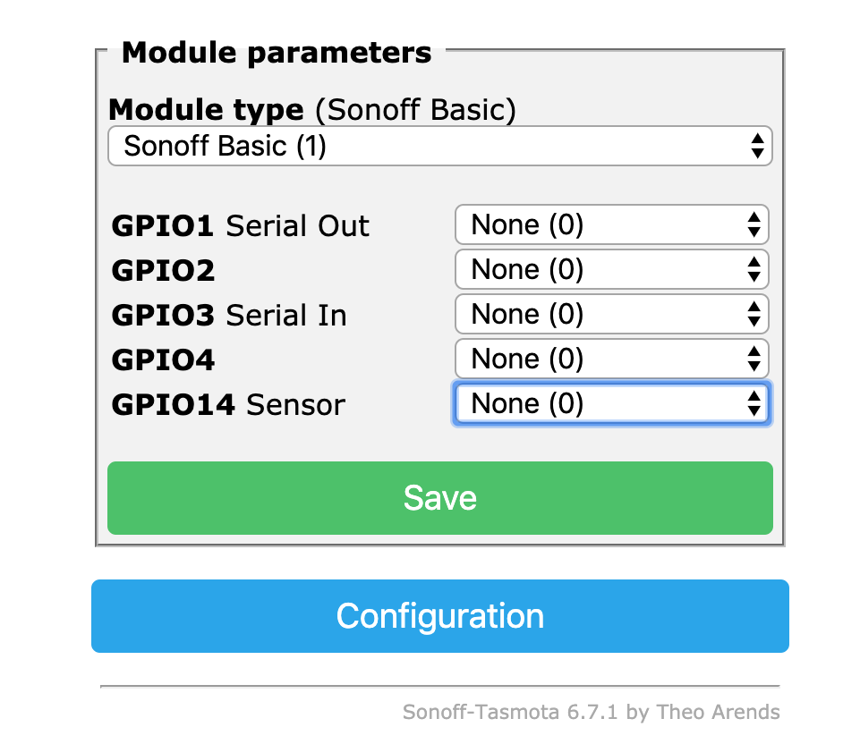Tasmota Module Parameters for Sonoff Mini Hardware Home Assistant